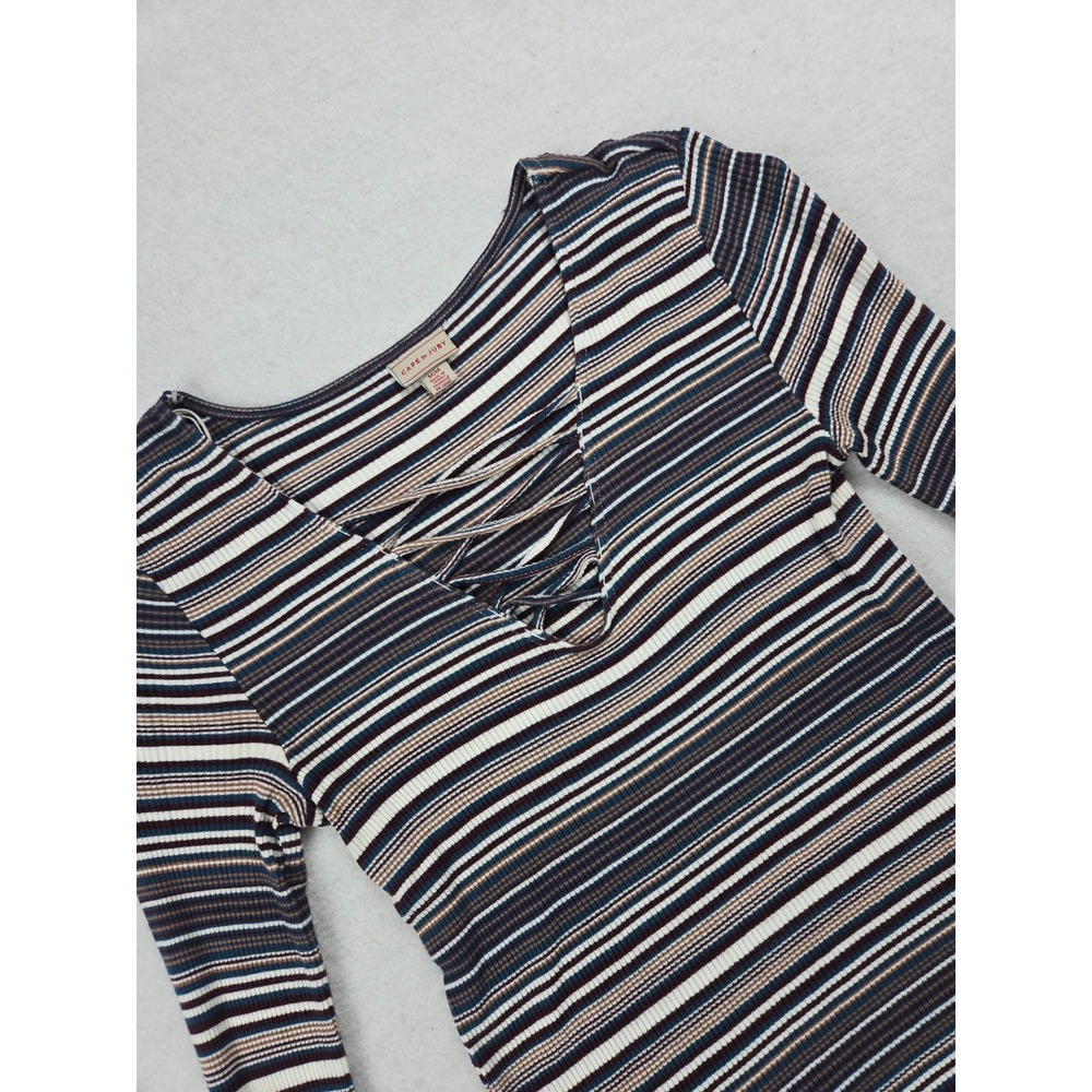 Cape Juby Striped Lace Up‎ V Neck Ribbed Long Sleeve Top Shirt Size M